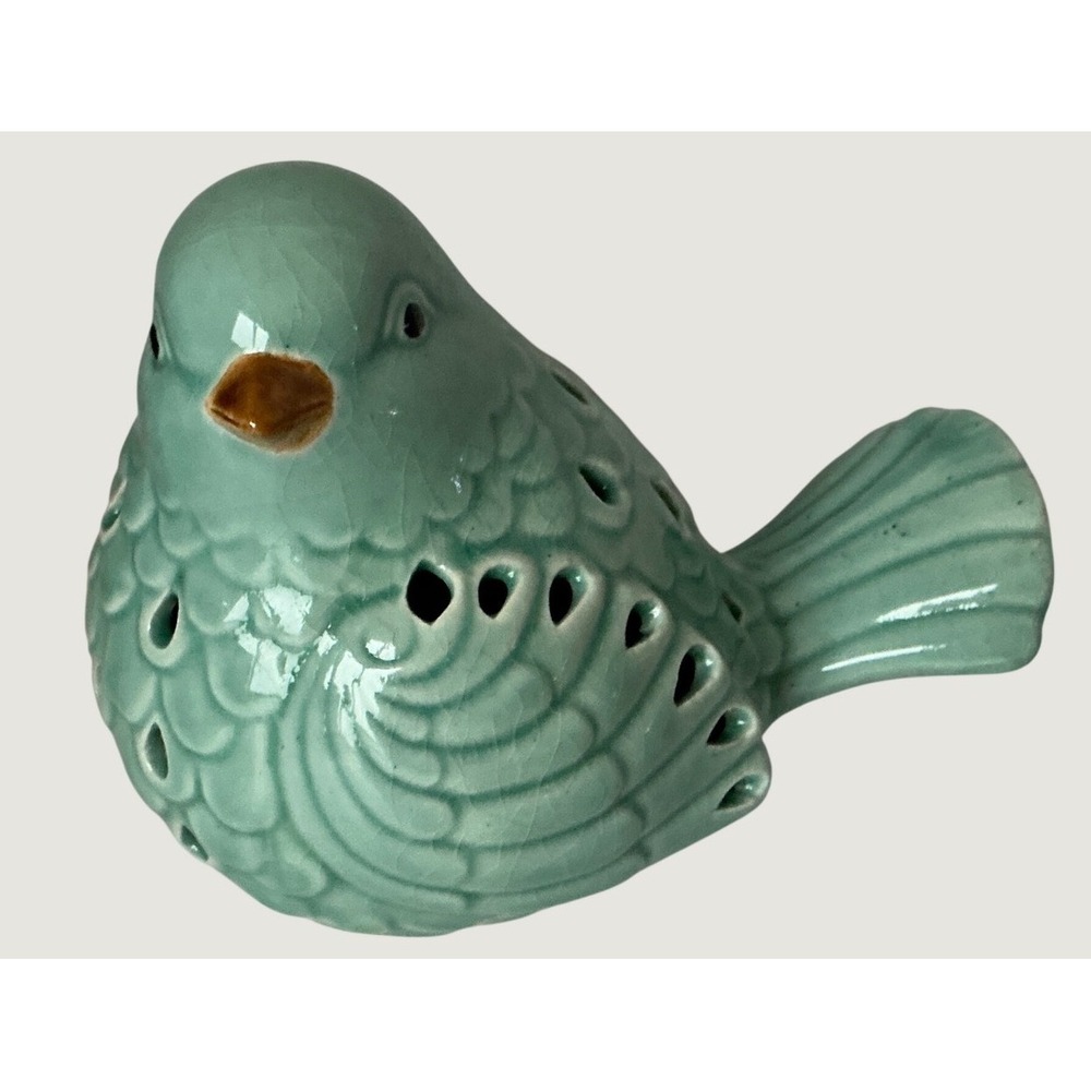 Ceramic Bird Figurine Teal Crackle Glaze Pierced Detail 6 Inch Nature Decor